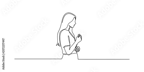 Konstfotografi Continuous one line drawing of a young woman holding a small bottle or perfume
