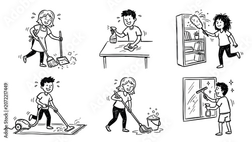Happy people doing household chores like sweeping mopping vacuuming dusting and cleaning windows