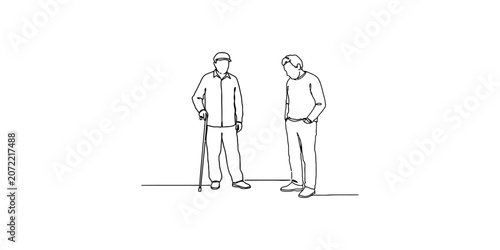Photos Continuous line drawing of an old man with a walking cane standing and talking t