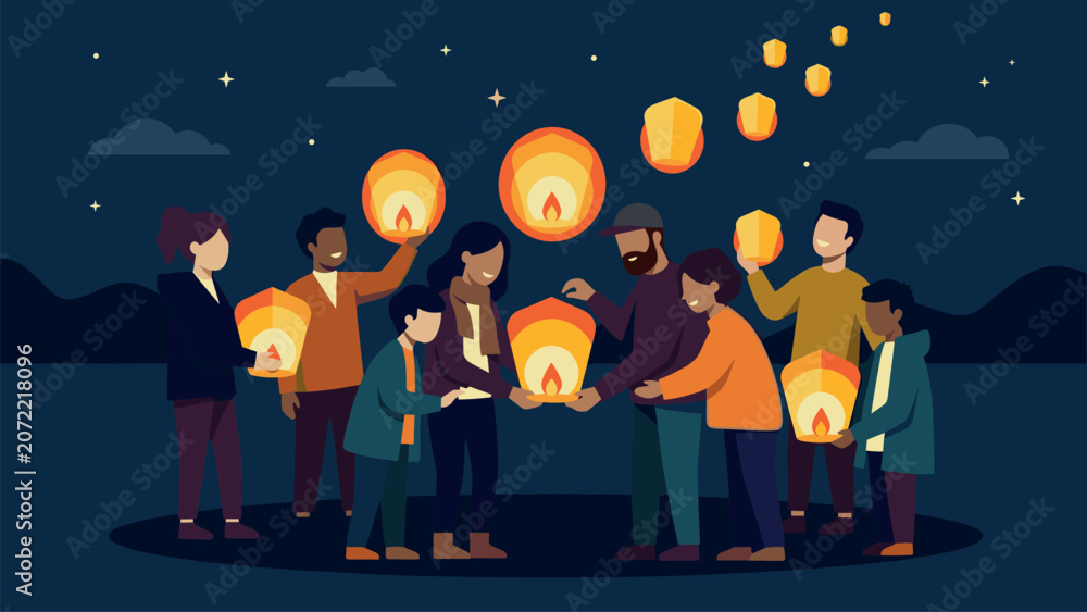 Naklejka premium Diverse group of people releasing sky lanterns at night