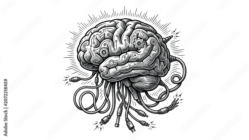 Fototapeta premium Mechanical Brain with Wires and Gears Symbolizing Artificial Intelligence and Technology