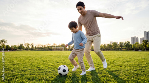 Father and Son Playing Soccer Together on a Sunny Day in a Park