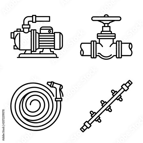 A set of four black and white line art icons representing irrigation and plumbing equipment.