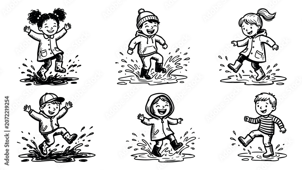 Fototapeta premium Children happily jumping in puddles on a white background