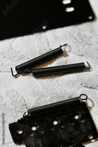 Photos Close-up vertical photograph of disassembled electric guitar tremolo parts on a