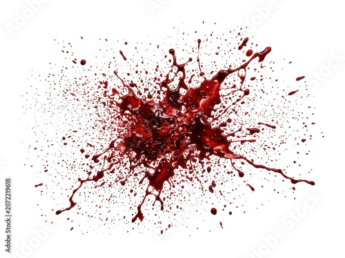Red blood splatter with digital pixelation and glitch effect, isolated on transparent background