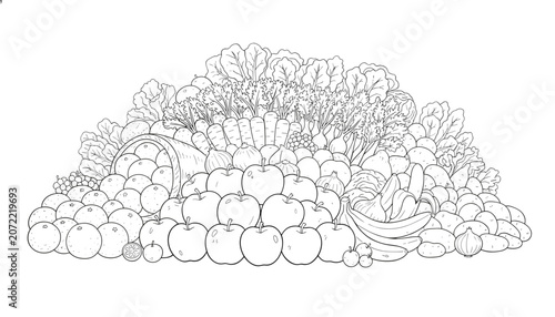 Large heap of diverse fresh fruits and vegetables presented as a detailed black and white outline drawing for coloring.