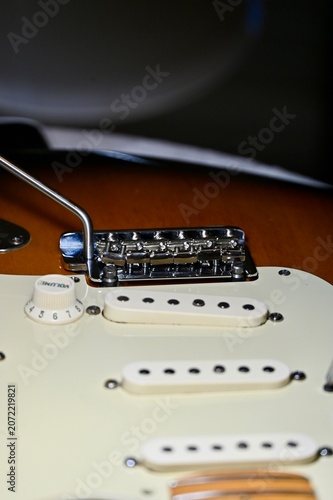 Photos Close-up vertical photograph of an electric guitar bridge assembly, showcasing t