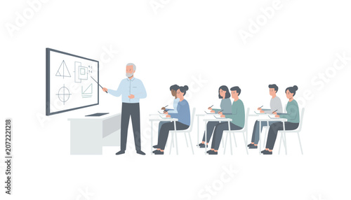 Elderly teacher using a pointer stick to explain geometric diagrams on a whiteboard to a group of attentive students in a classroom setting.