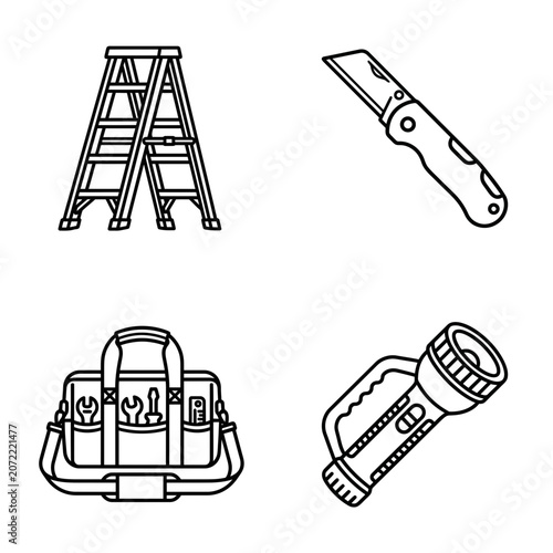 A collection of four black and white line art icons representing essential construction and repair tools.
