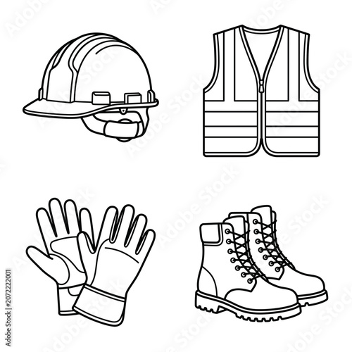 A collection of essential personal protective equipment icons for construction and industrial safety.