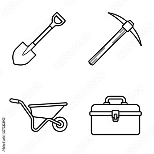 Set of four linear construction and gardening tool icons.