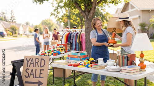 Neighborhood yard sale shopper with vintage lamp from seller at outdoor table