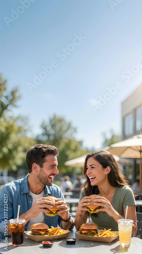 Happy couple eating burgers and fries at an outdoor restaurant, enjoying a sunny day, laughing and talking while having a casual lunch date