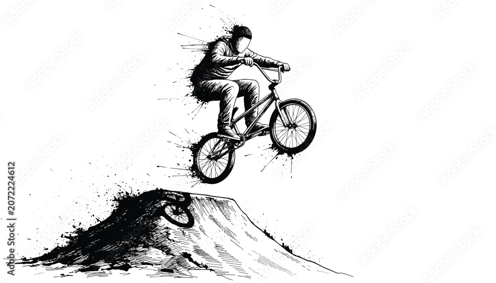 Naklejka premium Action-packed illustration of a BMX rider performing a daring mid-air jump over a dirt ramp, detailed sketch style.