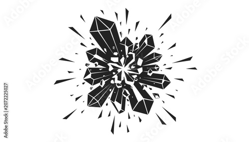 Dramatic black and white illustration depicting a cluster of crystals shattering or exploding outwards from the center.