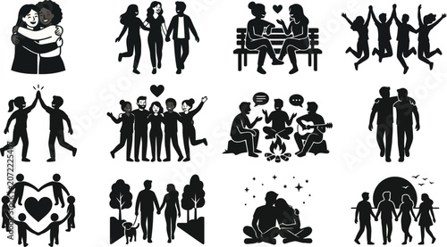 Tableau sur toile Silhouettes Of People Interacting Black Vector Illustration On White Background