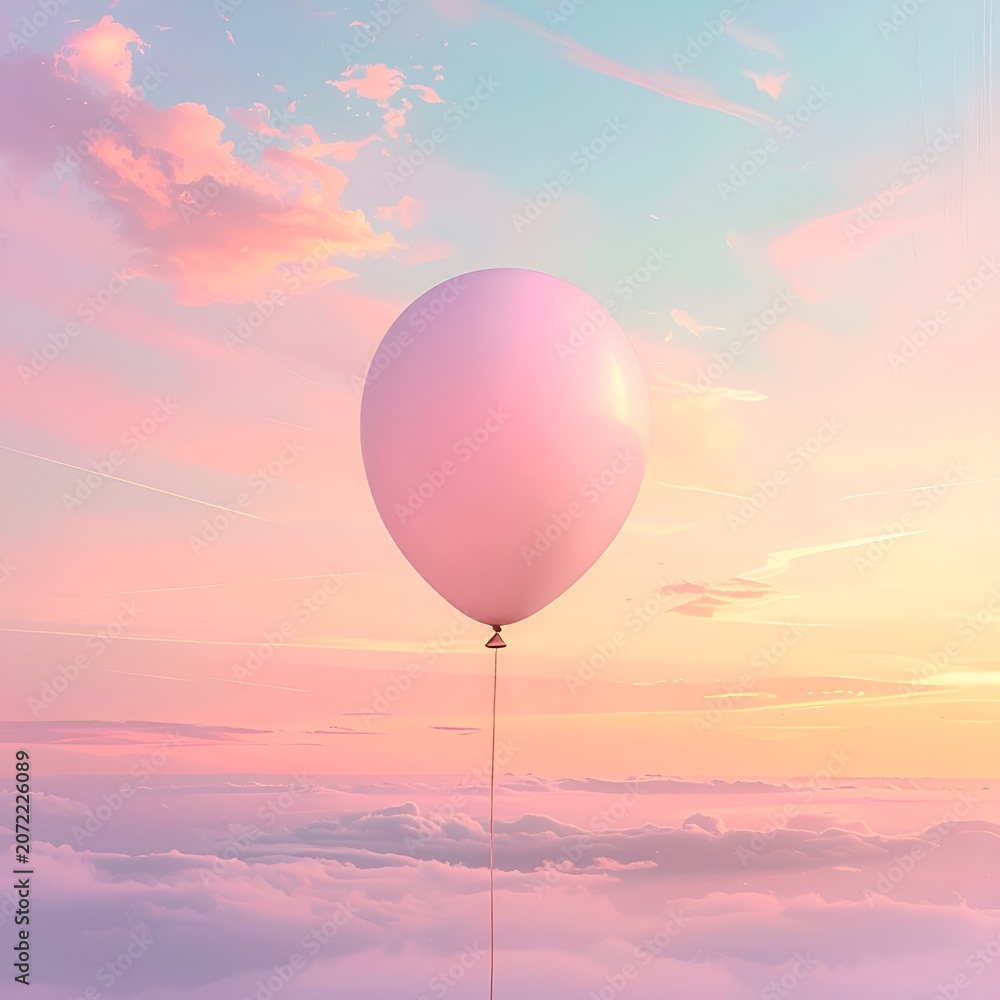 Fototapeta premium Single pink balloon floating high in the pastel sky above fluffy clouds at sunset, surreal dreamy digital art representing freedom and peace