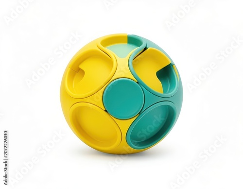 Colorful yellow and blue modern spherical plastic geometric puzzle toy isolated on a white background.