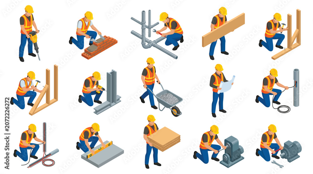 Fototapeta premium Isometric construction workers performing various maintenance tasks and manual labor duties in bright professional work gear