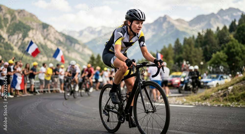 Naklejka premium Female professional cyclist riding road bike up mountain pass. Athlete competing in race with cheering spectators and French flags