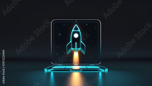 Luxury Rocket Icon with Electric Blue Glow Minimal Black Background