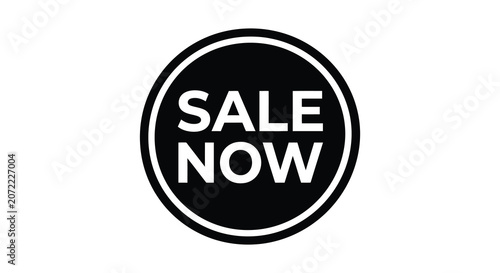 Sale now circular badge black and white flat icon on white background