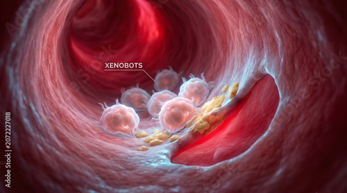 Xenobots Clearing Artery Plaque Inside Cardiovascular Microscopic Scene