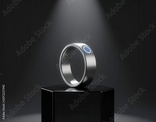 Futuristic metallic smart ring with a small blue light displayed on a dark geometric pedestal.