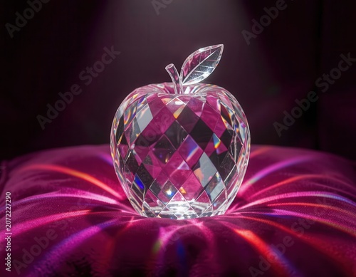 Decorative clear glass crystal apple surrounded by vibrant pink and purple plasma light waves.