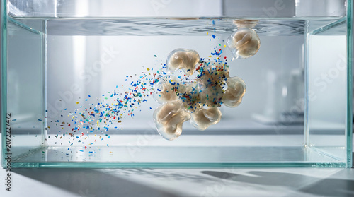 Side Angle Xenobots Intercepting Drifting Microplastic In Clear Water