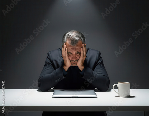 Stressed worried businessman in a dark formal suit holding his head in despair at a minimalist desk