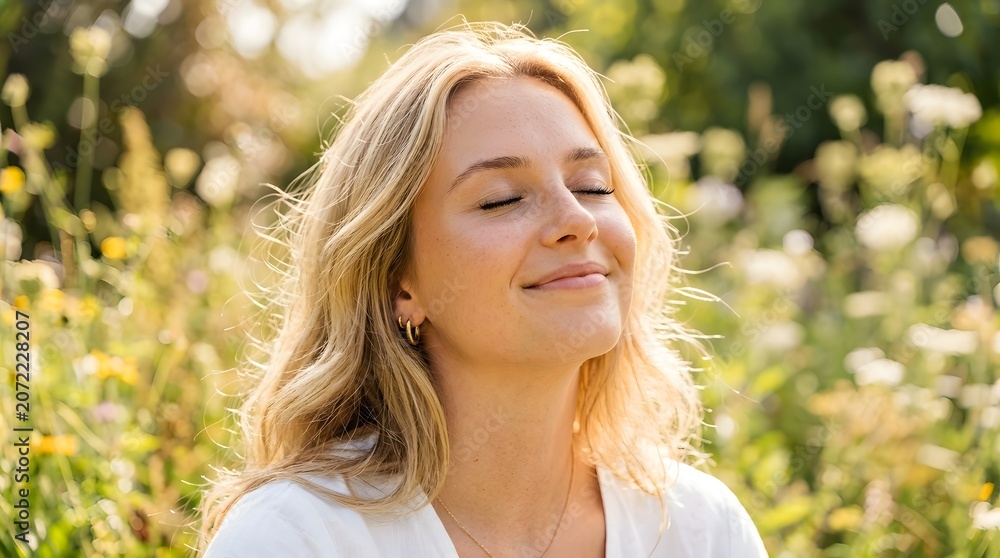 Naklejka premium A young woman with blonde hair closes her eyes, a serene smile gracing her face as she basks in the golden sunlight amidst a field of wildflowers. Her expression exudes peace, contentment.