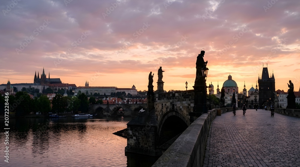 Obraz premium A breathtaking view of the Charles Bridge at sunrise, with Prague Castle silhouetted against a vibrant sky filled with hues of orange and pink.