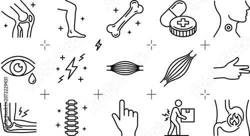 Canvas Print Body pain and anatomy medical linear icon set with joint bone muscle spine stoma