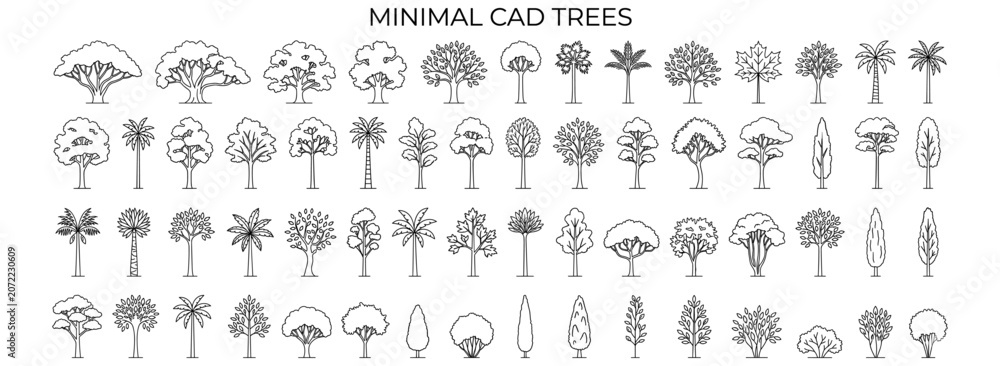 Fototapeta premium Minimal CAD tree line drawing set with side view tropical and oak trees, architectural landscape symbols and clean outline elements for garden planning vector illustration