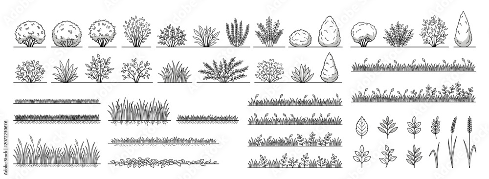 Fototapeta premium Minimal shrub and lawn CAD outline collection with side elevation grass sections, turf borders and ground cover elements for landscape architecture vector illustration