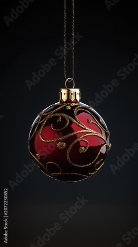Elegant red christmas ornament with gold accents hanging on dark background