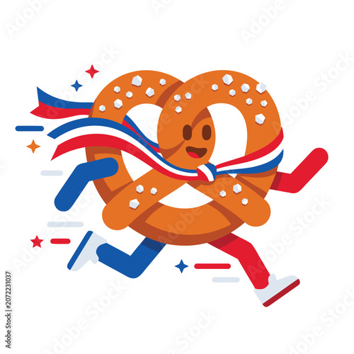 Konstfotografi Cartoon Pretzel Character Running with French Flag Colors.