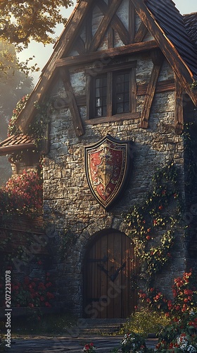 Medieval half timbered house with crest