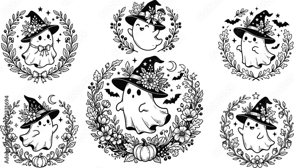 Obraz premium A collection of hand drawn black and white halloween ghost illustrations wearing witch hats surrounded by floral wreaths and bats on white background