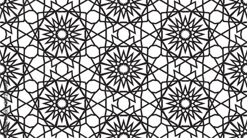 Seamless Black and White Geometric Pattern with Abstract Islamic Star Mandalas and Intricate Girih Lattice Grid