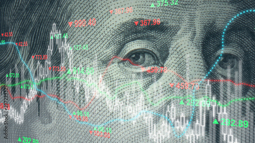 Dollar currency exchange rate and global stock market, and trading display representing, concept of economic value and international investment movement