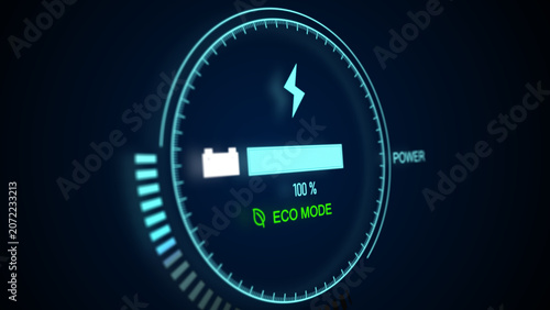 100% EV power charging gauge dashboard car information battery icon system automobile control energy futuristic