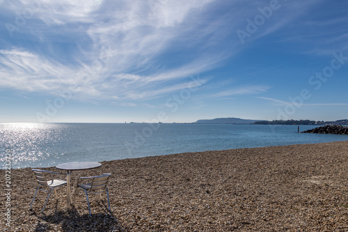 The view from Weymouth Beach on the Dorset coast, with a blue sky overhead
