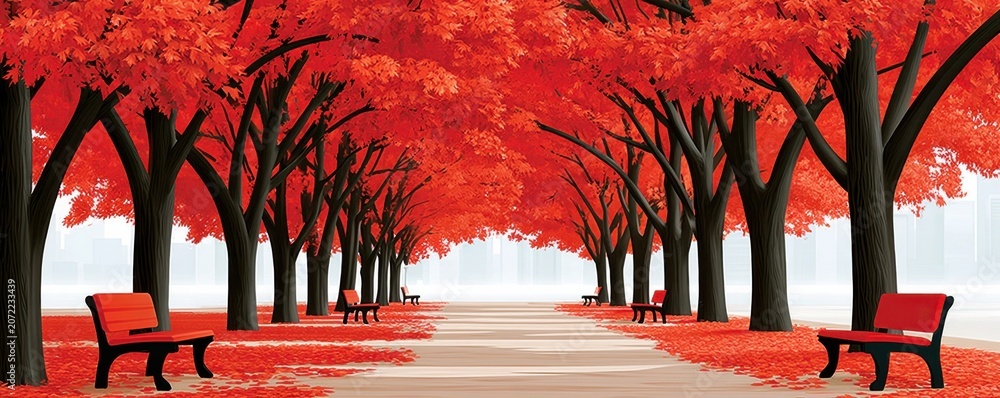 Fototapeta premium A serene autumn avenue lined with red maple trees and benches under vibrant fall foliage