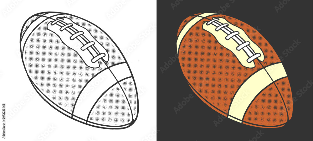 Obraz premium American football ball halftone texture sports icon layout. Angled rugby element with retro dotted shading and dual background options for athletic apparel graphic design clip art.