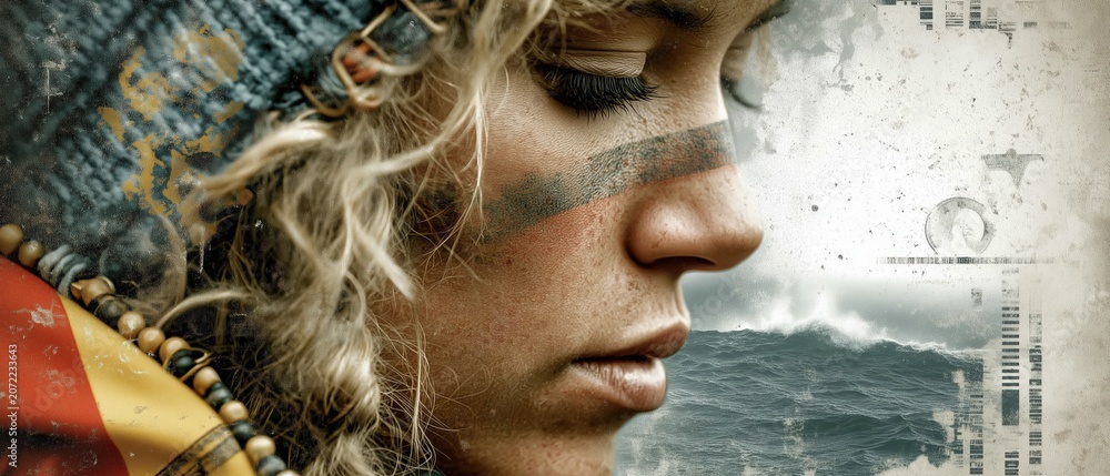 Fototapeta premium Side profile portrait of blonde woman with facial paint wearing hood near stormy coastline in muted daylight Concept of inner strength