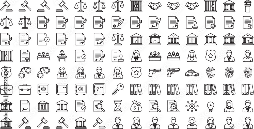 Obraz premium A collection of black and white law and justice icons on a white background