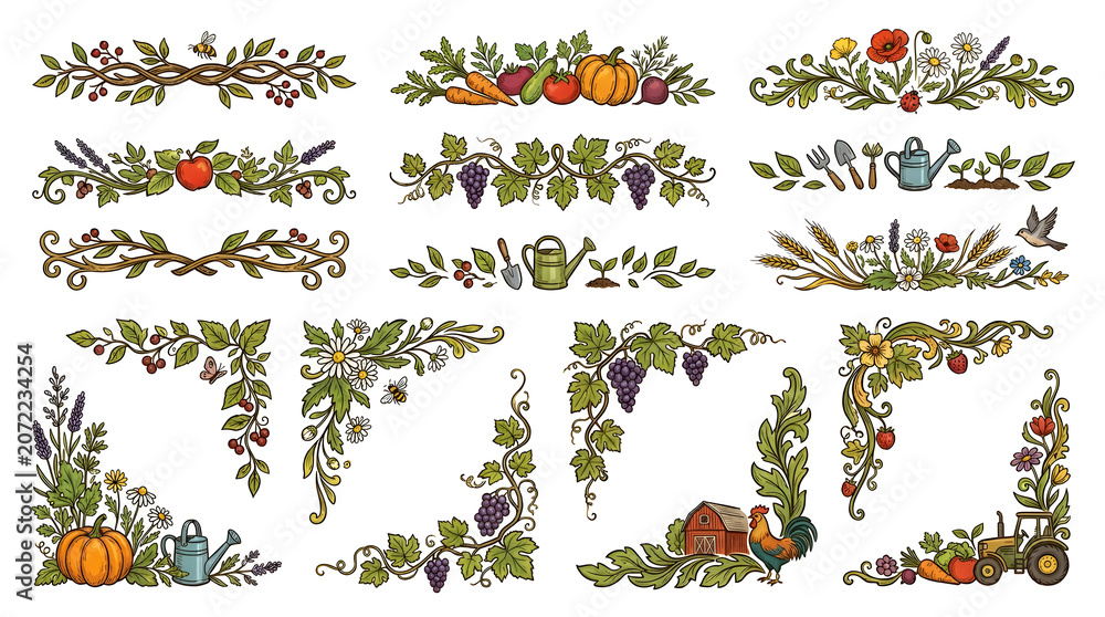 Obraz premium Illustration of Seasonal Organic Farming Corner Designs with Vegetables and Herbs in Flat Style